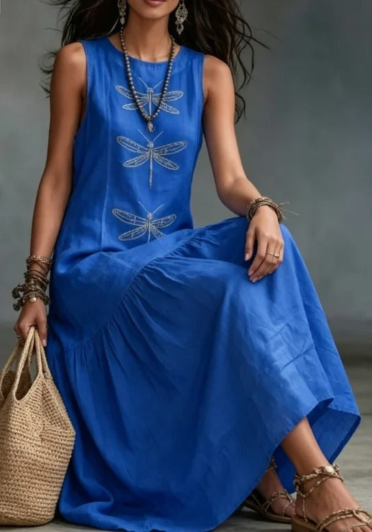 Daniela Vestito Midi Bohemien con Stampa di Libellule
