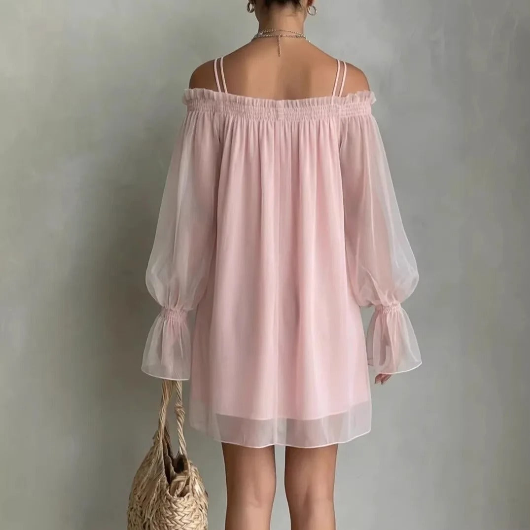 Elisa Abito Mini in Tulle con Spalle Scoperte e Maniche Lunghe