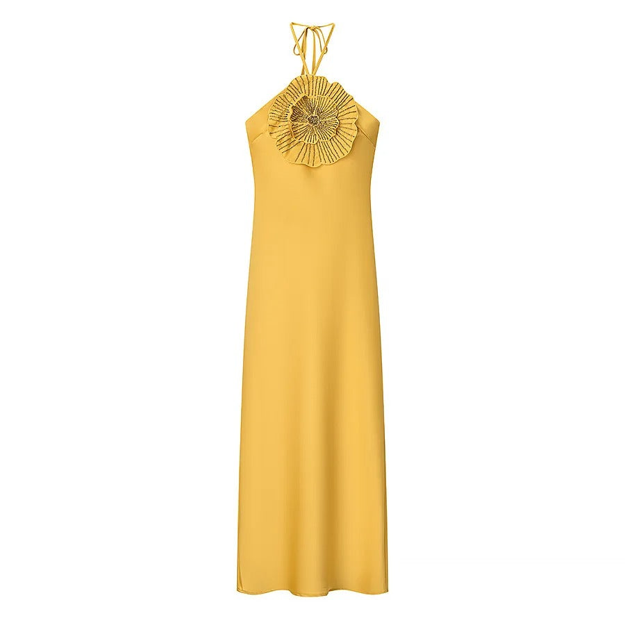 Solenne Vestito Maxi Satinato con Fiore Halter