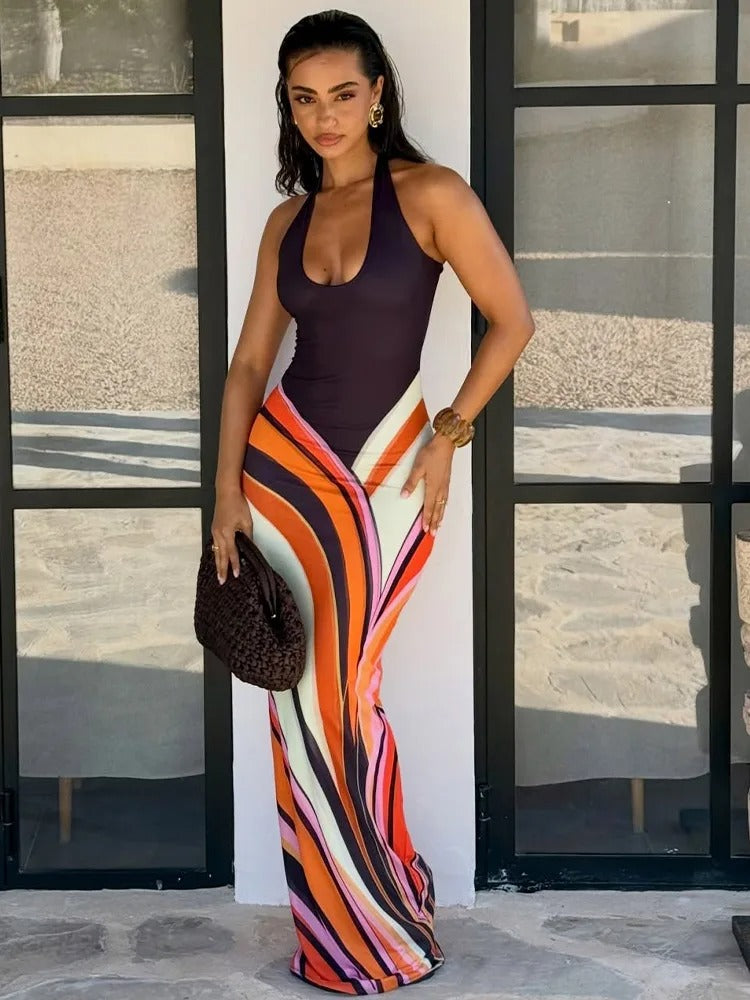 Samira Vestito Maxi Halter con Stampa Geometrica