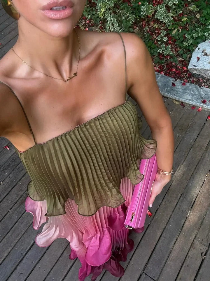 Liora Vestito Maxi Plisettato Multicolore con Volant