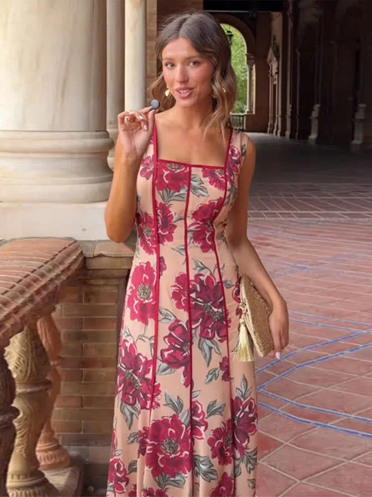 Valeria Vestito Maxi Floreale con Scollatura Quadrata