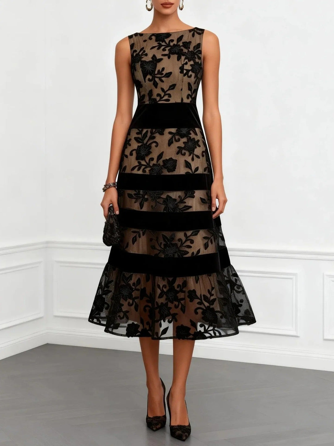 Odette Vestito Midi in Tulle Ricamato Floreale