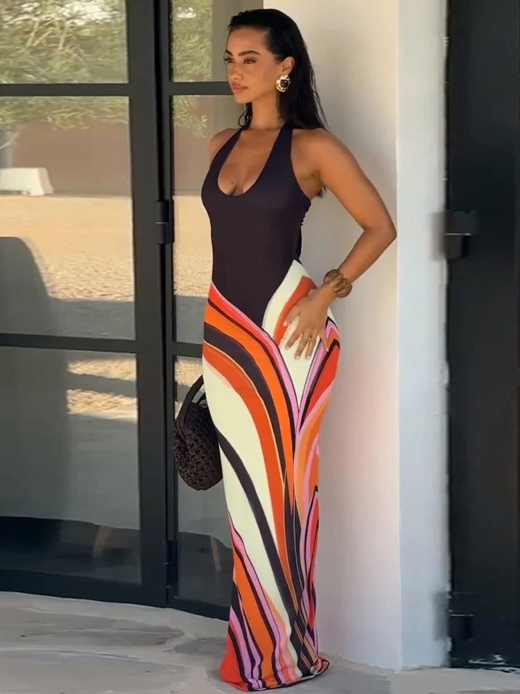 Samira Vestito Maxi Halter con Stampa Geometrica
