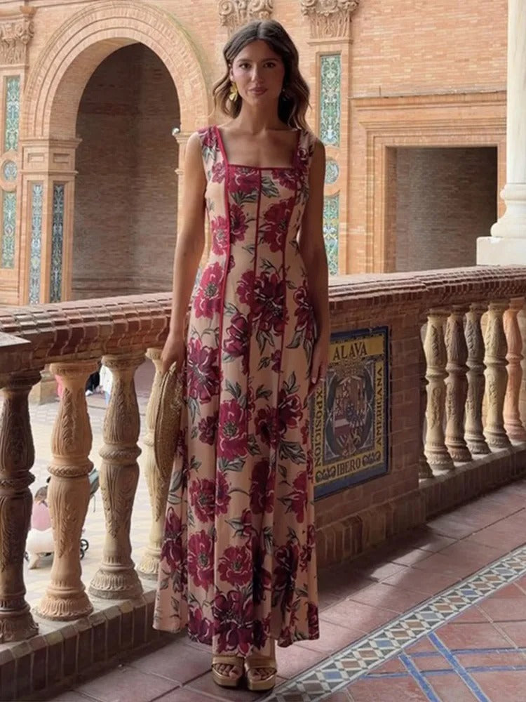 Valeria Vestito Maxi Floreale con Scollatura Quadrata