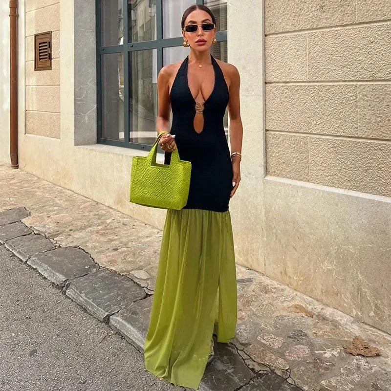 Nerea Vestito Maxi Halter con Dettagli in Contrasto
