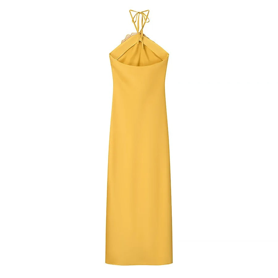 Solenne Vestito Maxi Satinato con Fiore Halter