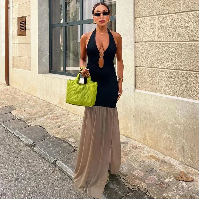 Nerea Vestito Maxi Halter con Dettagli in Contrasto