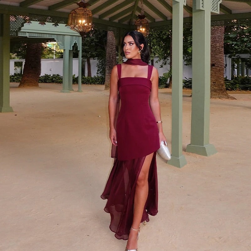 Celia Vestito Maxi Borgogna con Dettaglio di Fiocco e Gonna in Georgette
