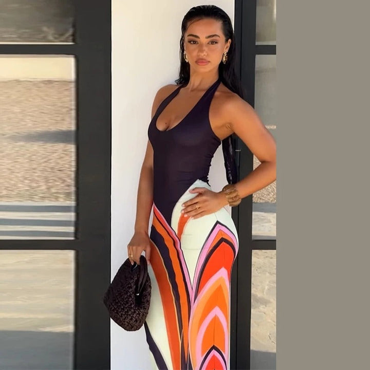 Samira Vestito Maxi Halter con Stampa Geometrica