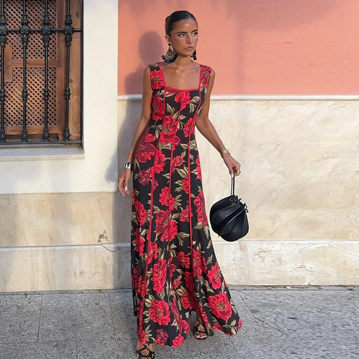 Valeria Vestito Maxi Floreale con Scollatura Quadrata