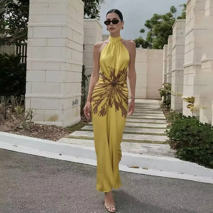 Solène Vestito Maxi Halter Stampato con Finitura Satinata