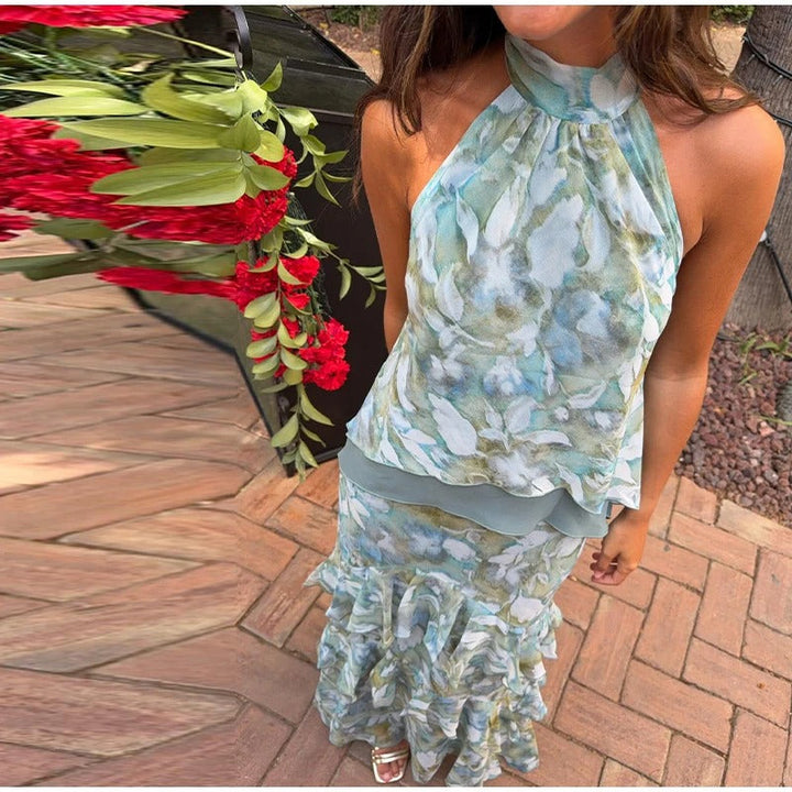 Elora Vestito Maxi Floreale con Collo Halter e Volant