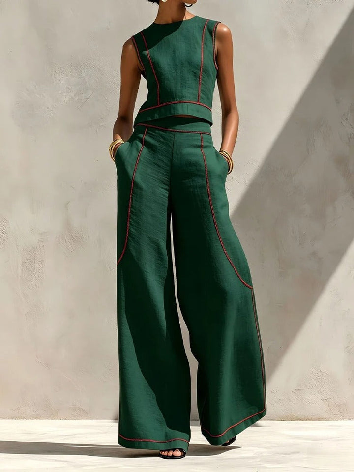 Inés Completo di Due Pezzi con Pantaloni Palazzo e Dettagli a Contrasto