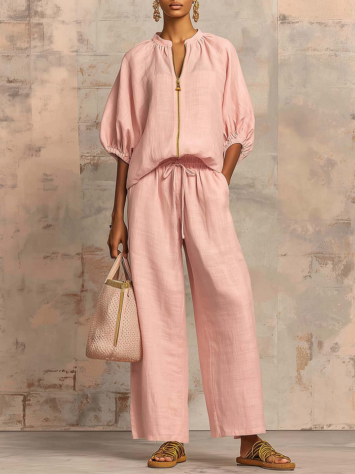 Set di pantaloni ampi a gamba larga con zip e collo rotondo in colore solido