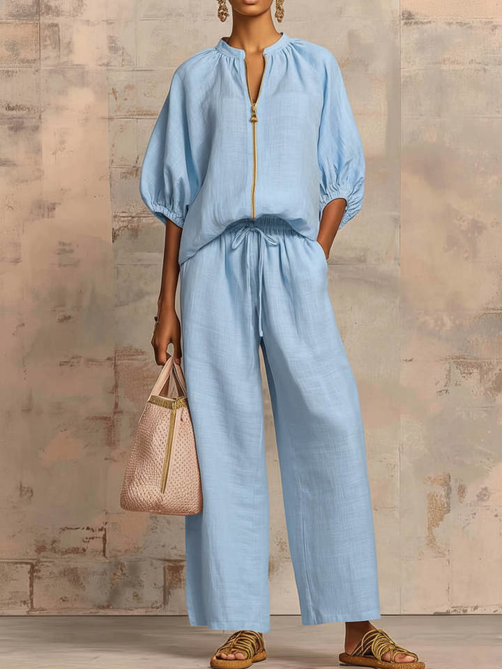Set di Pantaloni Ampi con Zip e Collo Rotondo in Colore Solido