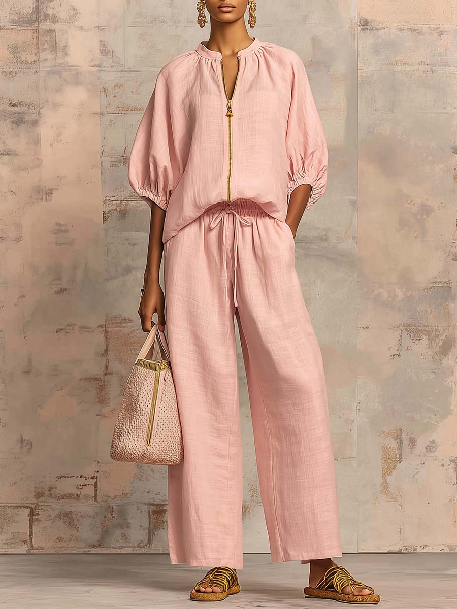 Set di Pantaloni Ampi con Zip e Collo Rotondo in Colore Solido