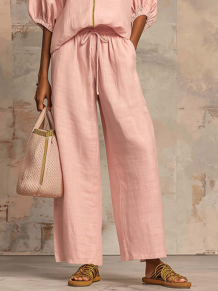 Set di Pantaloni Ampi con Zip e Collo Rotondo in Colore Solido