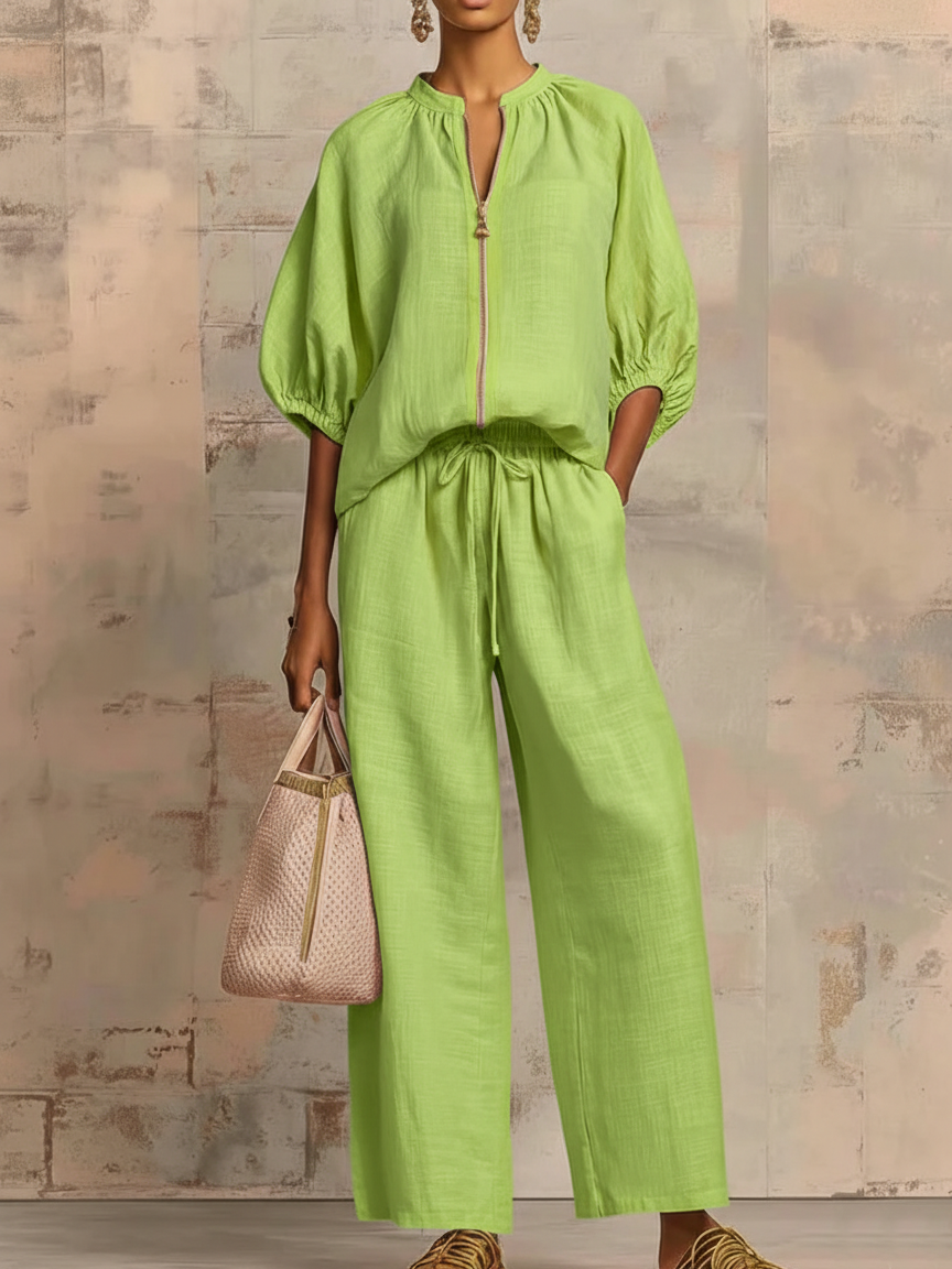 Set di pantaloni a gamba larga con zip e collo rotondo in colore solido casual