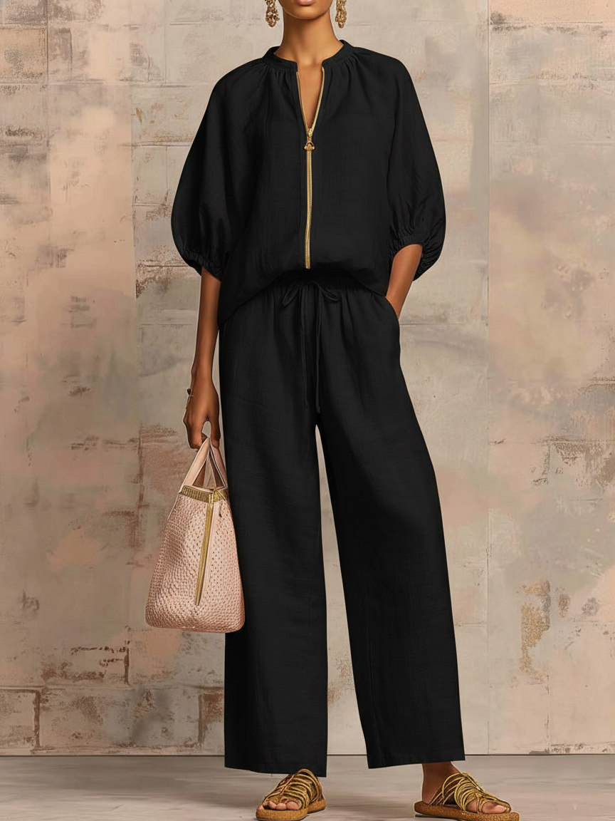 Set di Pantaloni Ampi con Zip e Collo Rotondo in Colore Solido