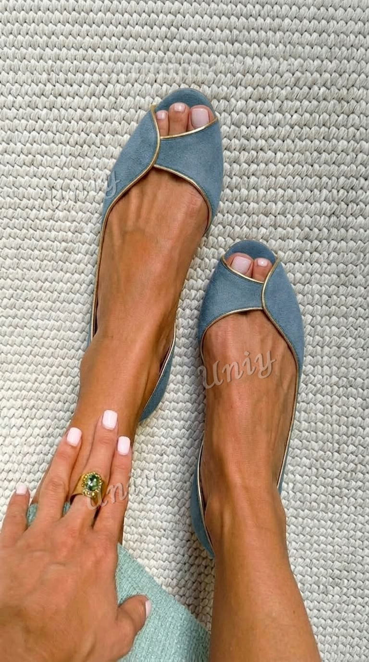 Ballerine D'Orsay in Pelle Scamosciata con Punta Aperta in Beige e Oro