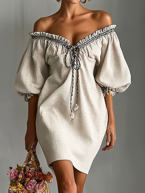 Abito Mini in Lino con Scollo Off-Shoulder e Vestibilità Larga