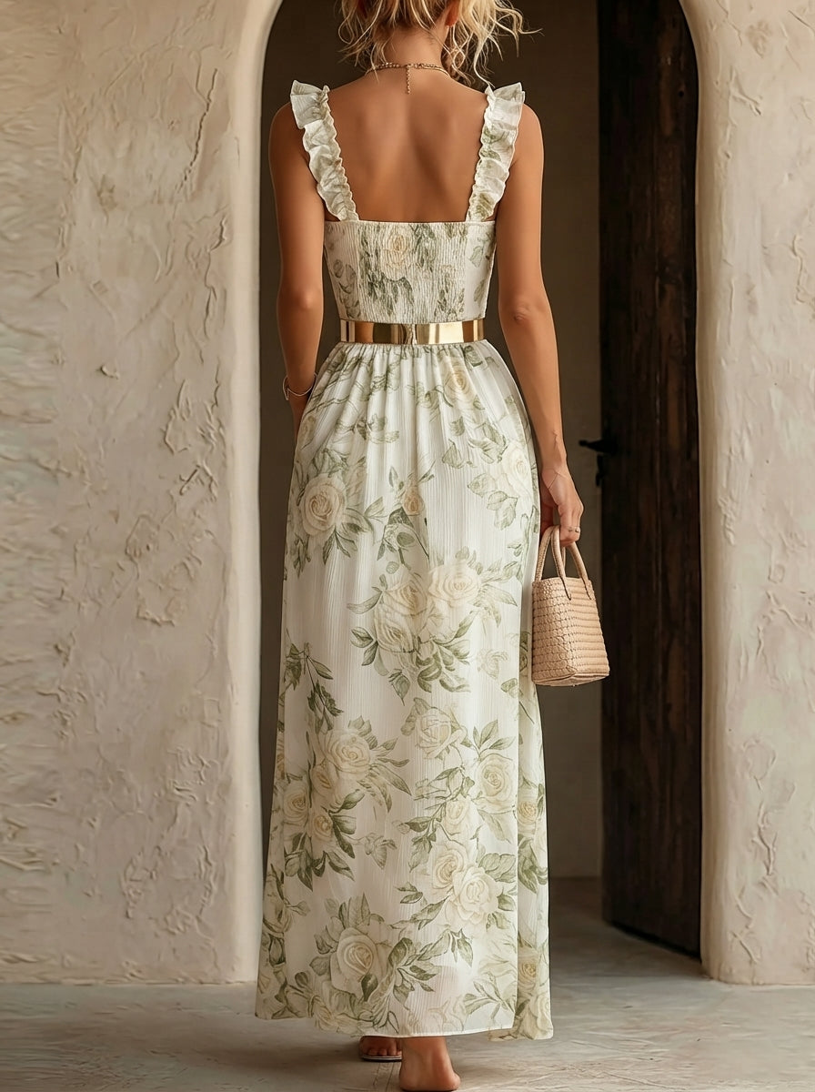 Abito Maxi in Chiffon Floreale Fresco con Spalline Ruffle