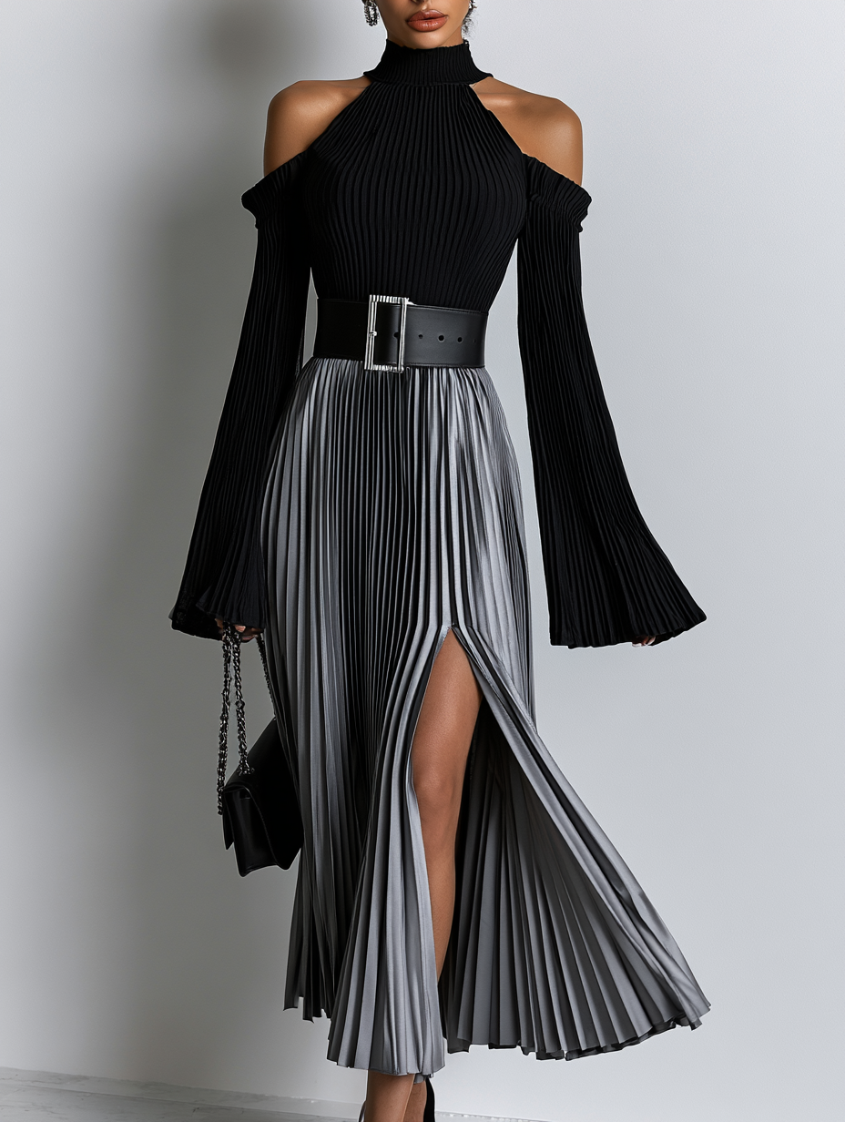 Top a spalle scoperte e gonna plissettata, elegante set di due pezzi