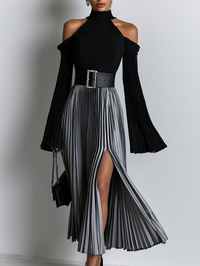 Top a spalle scoperte e gonna plissettata, elegante set di due pezzi