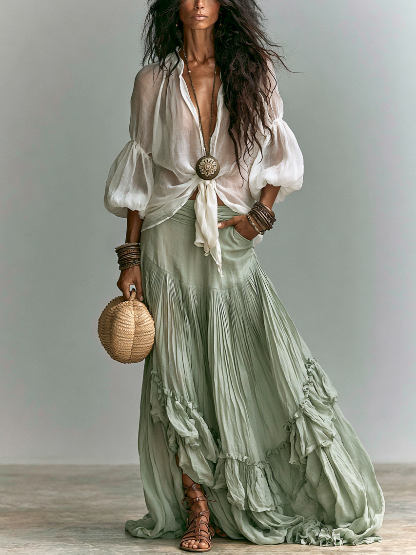 Set Due Pezzi Bohemien con Camicia a Maniche Lantern e Gonna a Volant