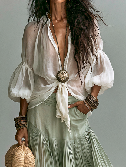 Set Due Pezzi Bohemien con Camicia a Maniche Lantern e Gonna a Volant