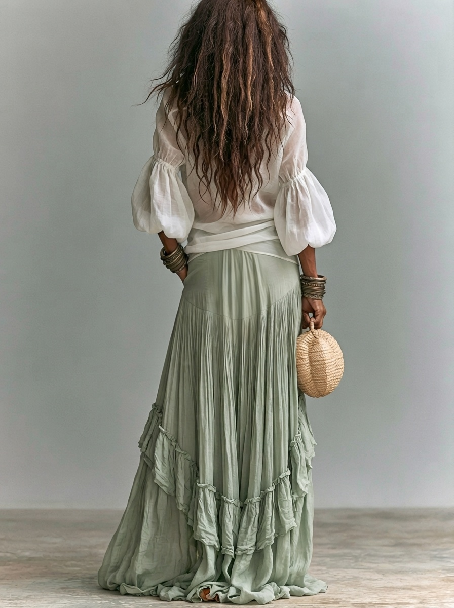 Set Due Pezzi Bohemien: Camicia con Maniche a Lanterna e Gonna con Volant