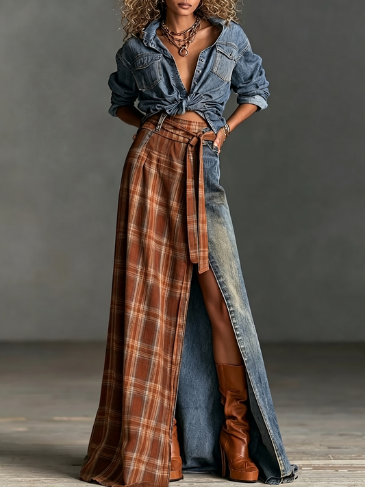 Set di Due Pezzi: Camicia in Denim e Gonna in Denim con Pannelli a Quadri