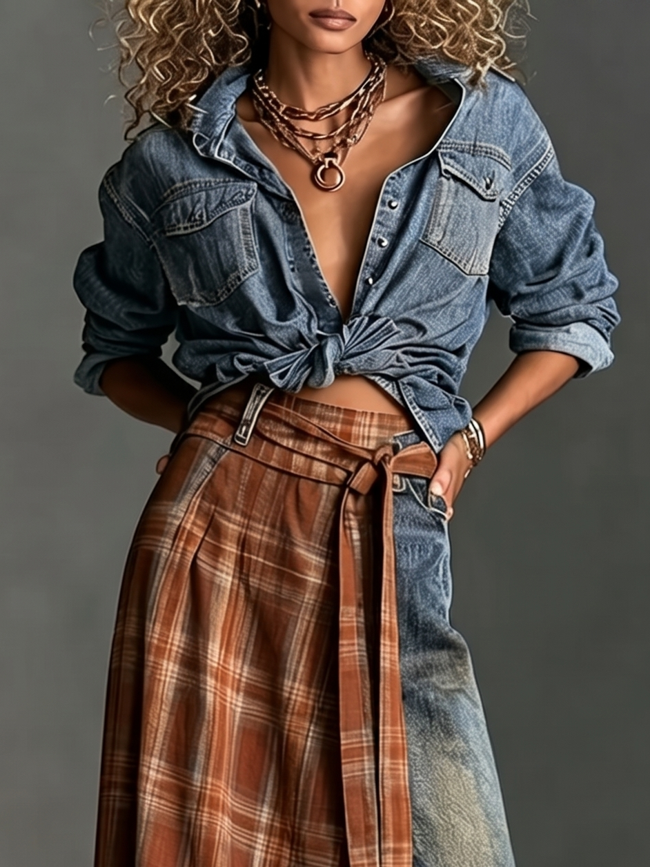 Set di Due Pezzi: Camicia di Denim e Gonna di Denim con Pannelli a Quadri