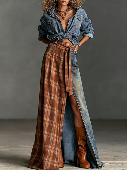 Set di Due Pezzi: Camicia in Denim e Gonna in Denim con Pannelli a Quadri