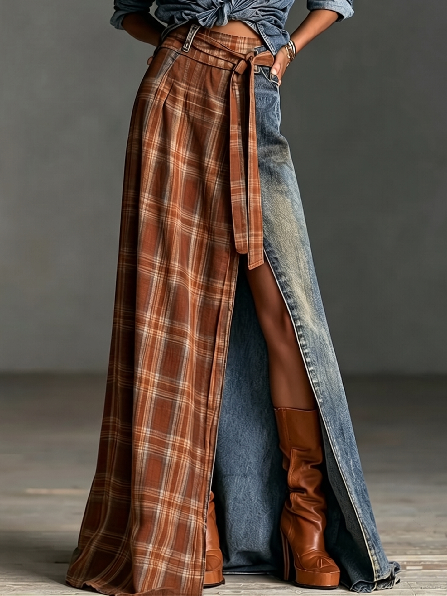 Set di Due Pezzi: Camicia di Denim e Gonna di Denim con Pannelli a Quadri