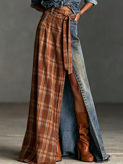 Set di Due Pezzi: Camicia di Denim e Gonna di Denim con Pannelli a Quadri
