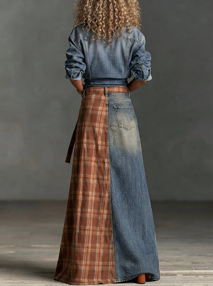 Set di Due Pezzi: Camicia di Denim e Gonna di Denim con Pannelli a Quadri