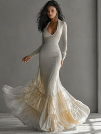 Abito Elegante a Sirena con Scollo a V Profondo e Maniche Lunghe