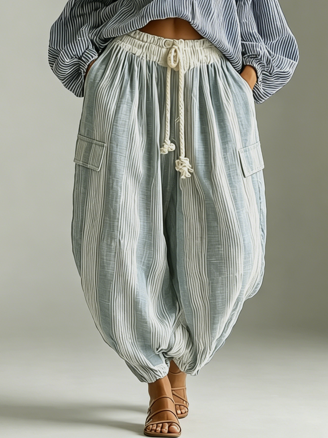 Set di due pezzi con top a maniche a lanterna a righe bohemien e pantaloni a lanterna