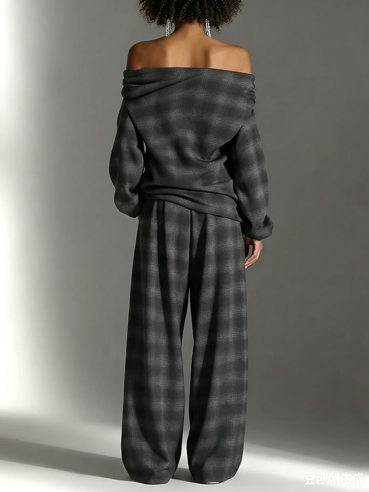 Set Chic Due Pezzi con Top e Pantaloni a Quadri Senza Spalline