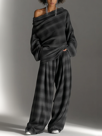 Set Chic Due Pezzi con Top e Pantaloni a Quadri Senza Spalline