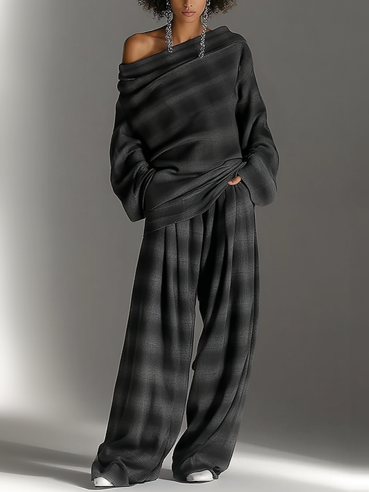 Set Chic Due Pezzi con Top e Pantaloni a Quadri Senza Spalline