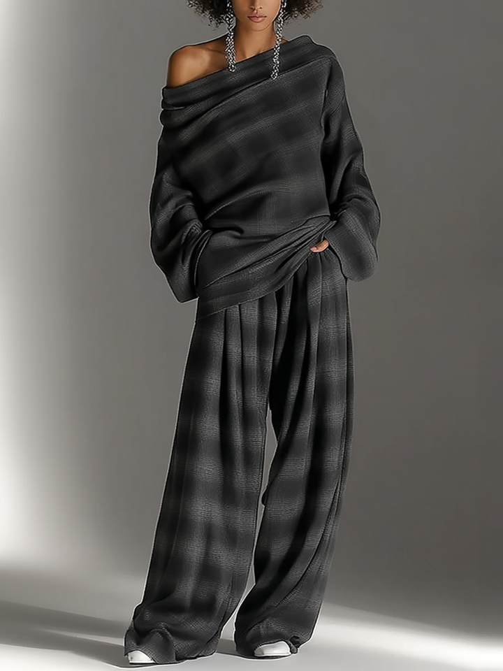 Set Chic Due Pezzi Top e Pantaloni a Quadri con Spalle Scoperte