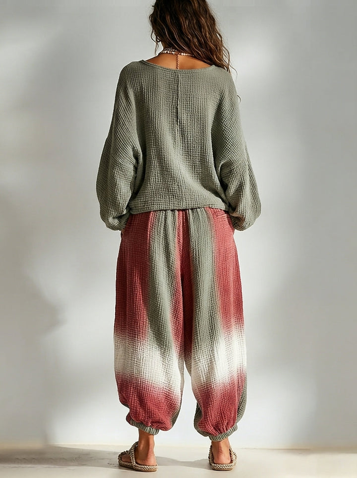 Set coordinato in stile bohemien, casual e loose con design ombre