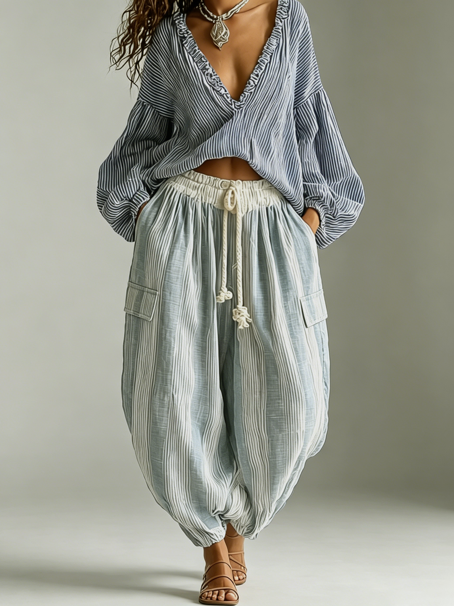 Set di due pezzi con top a maniche a lanterna a righe bohemien e pantaloni a lanterna