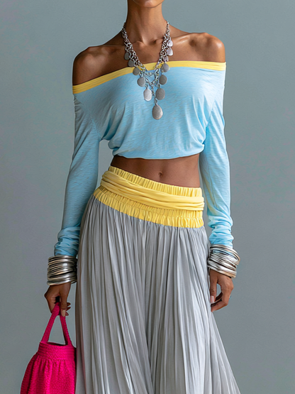 Top Color-Block Off-Shoulder e Gonna Plissettata Due Pezzi per Vacanza