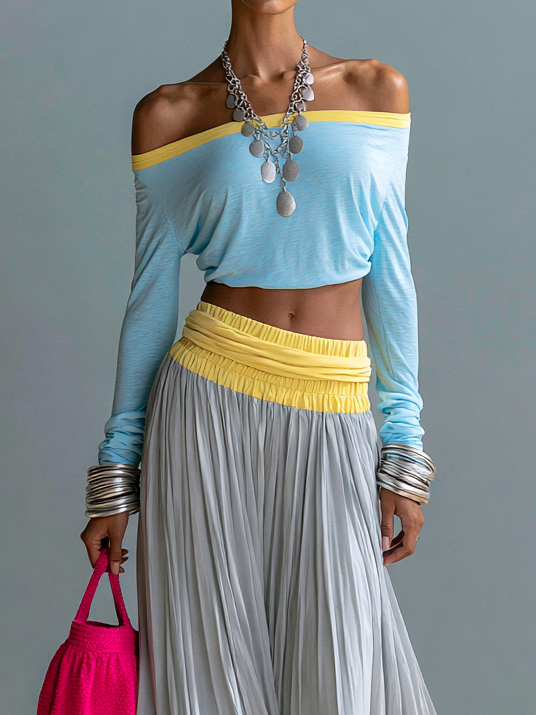 Top Color-Block Off-Shoulder e Gonna Plissettata Set Due Pezzi per Vacanza