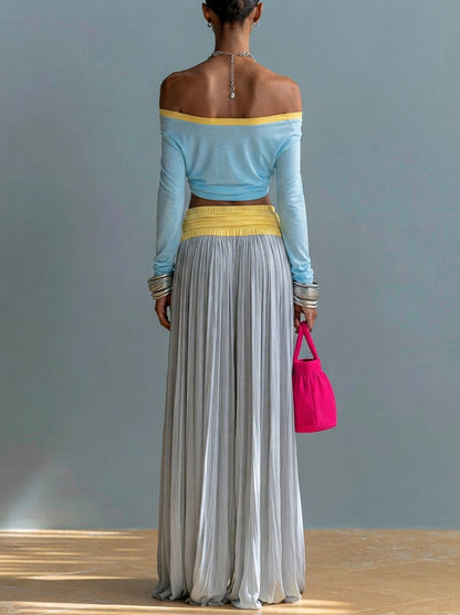 Top Color-Block Off-Shoulder e Gonna Plissettata Set Due Pezzi per Vacanza