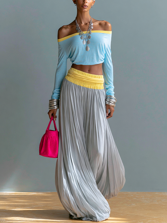 Top Color-Block Off-Shoulder e Gonna Plissettata Set Due Pezzi per Vacanza